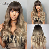 Xpoko EASIHAIR Ombre Gray Ash Wavy Wigs With Bang Light Blonde Platinum Synthetic Long Hair For Women Daily Party Heat Resistant Fiber