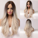 Long Wavy Ombre Blonde White Synthetic Wigs for Women Cosplay Daily Party Middle Part Hair Wigs High Temperature Fiber