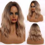 Back to School Medium Long Water Wave Ombre Black Brown Synthetic Wigs Natural Middle Part Heat Resistant Hair Wigs For Black Women