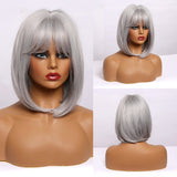 Synthetic Short Straight BOb Wigs with Bangs for Women Girls Natural Ombre Black Brown False Hair Heat Resistant Fiber