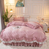 Xpoko New Luxury European Winter Warm Green Velvet Flannel Lace Ruffle Bedding Set Duvet Cover Thicken Bedspread Bed Skirt Pillowcases