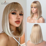 Xpoko EASIHAIR Shoulder Length Bobo Synthetic Wig With Bang Ombre Mixed Brown Blonde Wigs For Women Heat Resistant Hair Natural Soft