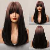 Medium Straight Bob Synthetic Wigs with Bangs Ombre Black Dark Brown Honey Highlight Wigs for Women Heat Resistant Hair