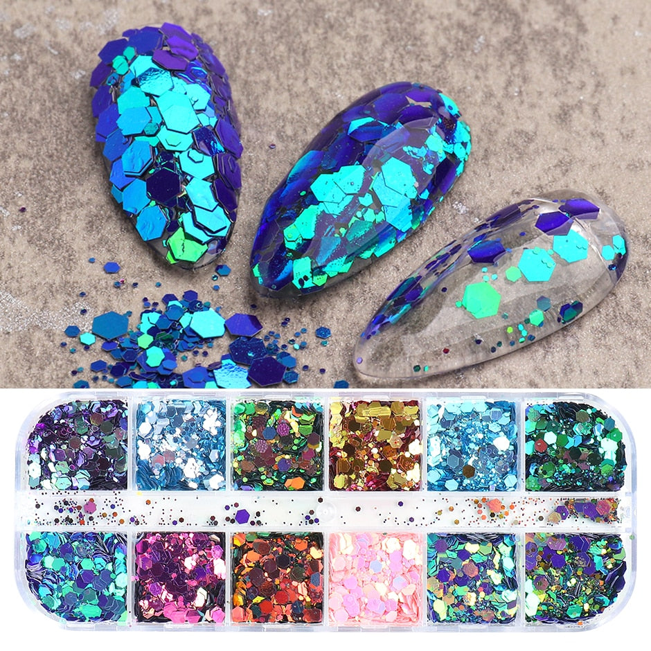 12grid Colorful Sequins For Nails Square Holographic Glitter Powder Checkerboard Plaid Nail Design Spangles Manicure Flake GLLFX