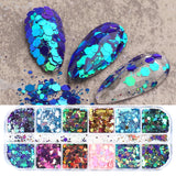 12Grids Sugar Nail Powder Red Sand Coating Shiny Dipping Glitter Powder Mixed Hexagon Sequins Design Manicure Flakes Dust GLRD05