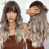 Xpoko EASIHAIR Ombre Gray Ash Wavy Wigs With Bang Light Blonde Platinum Synthetic Long Hair For Women Daily Party Heat Resistant Fiber