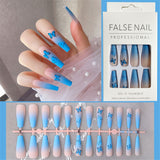 Xpoko 24Pcs Matte Fake Nails Extra Long Ballerina Coffin Dark Blue Colorful Rhinestone Decals False Nails With Designs Nail Art