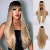 Long Straight Synthetic Wigs Ombre Brown Gray Wig with Bangs for Women Cosplay Lolita Daily Party Heat Resistant Fiber