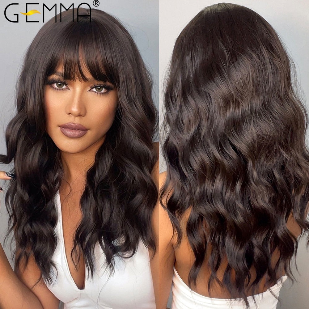 Long Water Wave Women's Wig Dark Brown Synthetic Wig With Bangs For Black Women African American Heat Resistant Hair