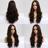 Xpoko EASIHAIR Long Dark Brown Wave Synthetic Wigs For Women Middle Part Heat Resistant Wigs Female Faker Hair Daily Cosplay Party