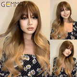 Long Water Wavy Synthetic Wigs Omber Chocolate Brown Blonde Cosplay Wig with Bangs for Women Heat Resistant Fiber Hair