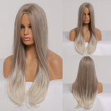 Long Straight Synthetic Wigs Ombre Brown Gray Wig with Bangs for Women Cosplay Lolita Daily Party Heat Resistant Fiber