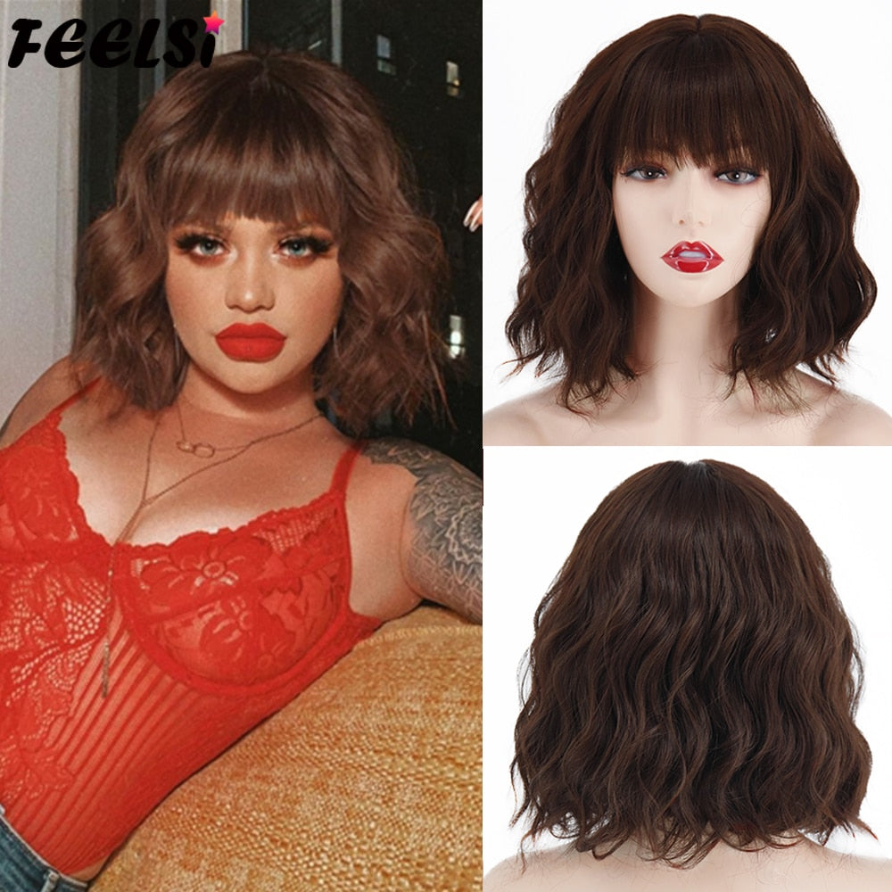 Back to School Synthetic Wig Short Platinum Blonde Ombre Wavy Wig Dark Roots With Bangs  For Women Shoulder Length Natural Looking Daily Use