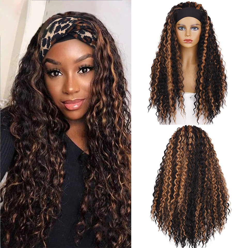 Xpoko Headband Wig Long Curly Highlight For Black Women’S Hair Wig Black And Brown Highlight Long Water Wave