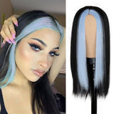 Xpoko Wig Fashion Long Black Straight Hair Wig Highlighting Green Hair For Girls With Cosplay Wig