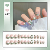 24pcs Black Temperament Short Simple Acrylic Fake Nails With Glue Star Bear Bow DIY Art Manicure Pearl Decal False Nails