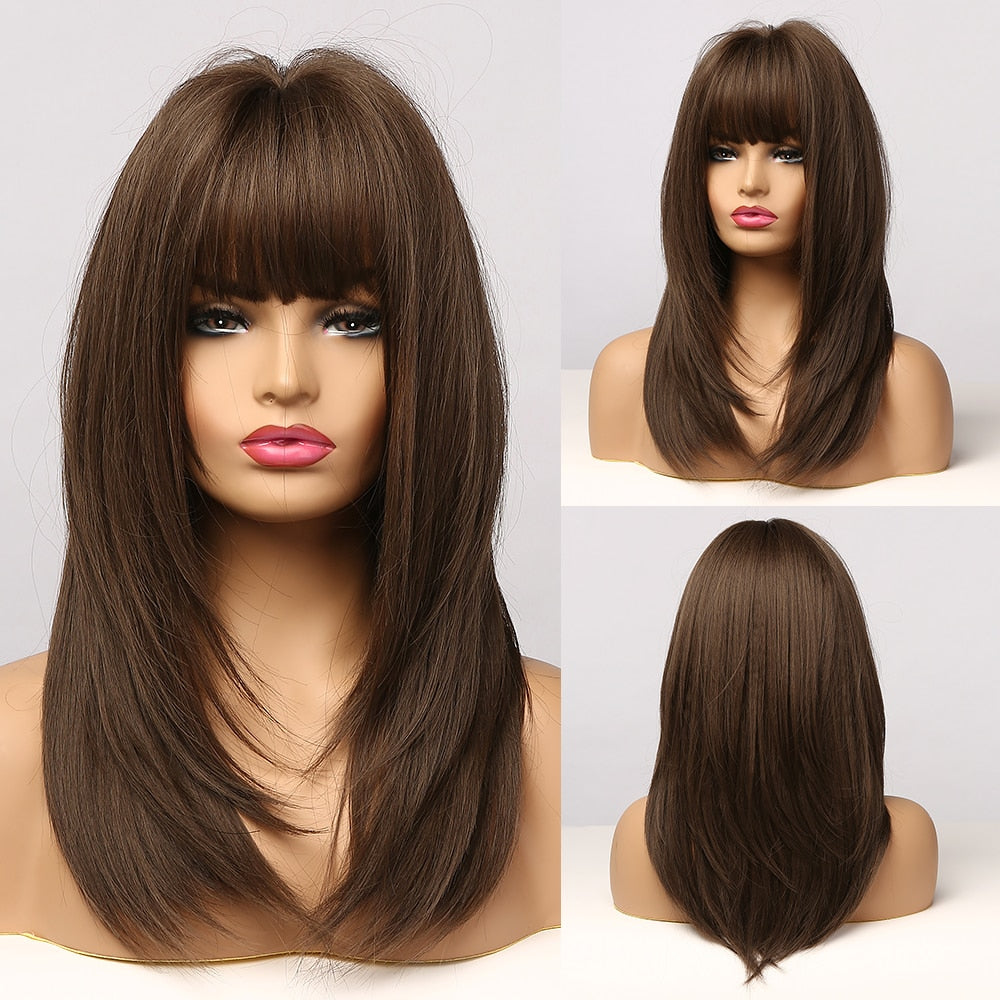 Synthetic Medium Wavy Natural Wigs With Bangs For Black Womens African American Ombre Black Brown Cosplay Party False Hair
