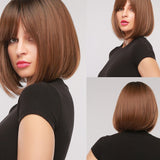 Synthetic Short Straight BOb Wigs with Bangs for Women Girls Natural Ombre Black Brown False Hair Heat Resistant Fiber