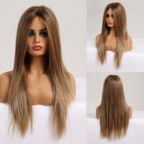 Ombre Brown Golden Blonde Synthetic Lace Front Wig For Black Women Middle Part Long Silky Straight Lace Wig Heat Resistant