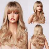 HENRY MARGU Long Brown Blonde Ombre Synthetic Wigs With Bangs Natural Wave Wigs for Women Heat Resistant Party Daily Cosplay Wig