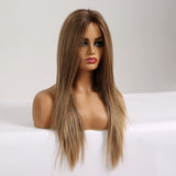 Long Silk Straight Synthetic Lace Part Wig For Black Women Middle Part Ombre Brown Golden Lace Wig High Temperature Fibre