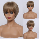 Short Straight Mixed Brown Blonde Synthetic Wigs with Side Bangs for Women Daily Party Bob Hair High Tempearture Fiber