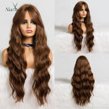 Xpoko Black Brown Golden Highlight Wig Long Wavy Womens Synthetic Wig With Bangs Heat Resistant Cosplay Hair For Women Afro