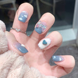 24pcs Blue Clouds Long Paragraph Fashion Manicure Patch Wearable False Nails With Glue Detachable Coffin Fake Nails Art DIY Tool