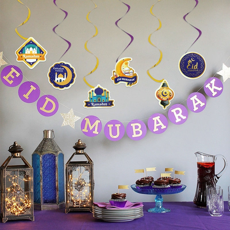Eid Mubarak Spiral Banner Islamic Muslim Gold Swirl Eid Pendant Bunting Hajj Mubarak Ramadan Home Decoration EID Mubarak Decor