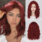 Xpoko Short Bob Curly Wigs Short Wine Red Wig Shoulder Length Hair For Women Middle Part Heat Resistant Wig