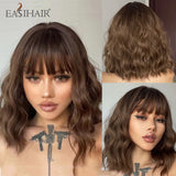 Xpoko EASIHAIR Long Bobo Brown Wigs With Bang Medium Length Curly Wavy Synthetic Wigs For Women Daily Party Heat Resistant Fiber Hairs