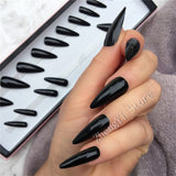 Black Midi Press On Nails Stiletto Artificial Fake Nails With Glue Sticker Halloween Shiny Full Cover Tips Faux Ongle Court