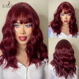 Xpoko EASIHAIR Medium Water Wave Synthetic Wigs With Bangs Wine Red Bob Curly Hair Wigs For Women Heat Resistant Fiber Daily Cosplay