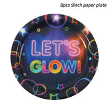 Xpoko Glowing Neon Party Disposable Tableware Set Happy Birthday Napkins Plates Cups Supplies Kid Birthday Party Decoration BabyShower
