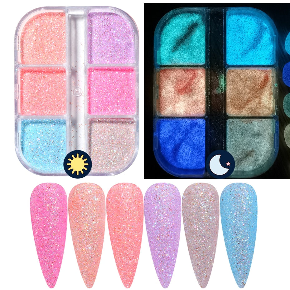 6pc Aurora Nail Powder Pearlescent Pigment Blue Pink Mermaid Nail Glitter Rubbing Dust Mirror Chrome Powder Manicure GL1909-12-1