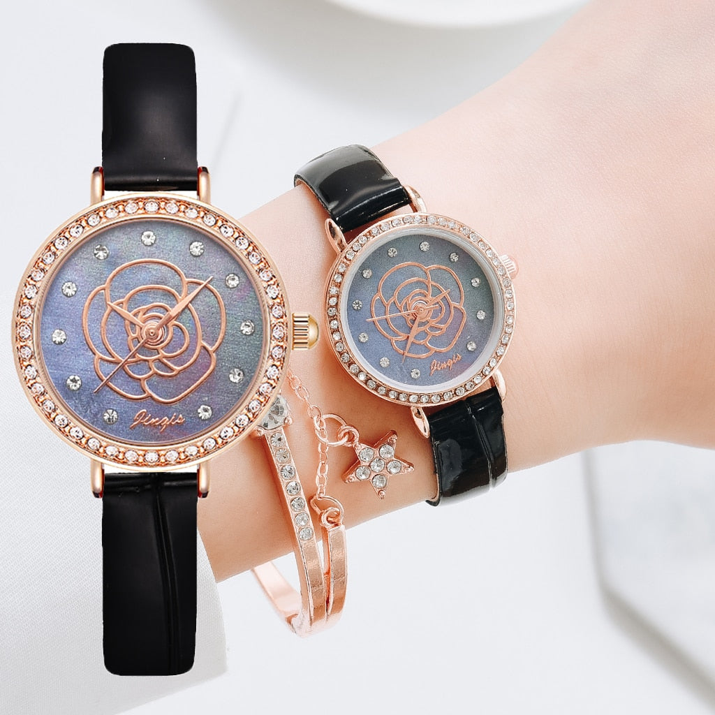 Xpoko Fashion Watch Women Casual Leather Belt Wristwatches Ladies Rose Gold Diamond Dial Quartz Clock Women Watch Reloj Mujer 2022 Hot