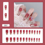 24pcs Gradient Cherry False Nails Tips Coffin Press On Nail with Butterfly Print Design Girl DIY Nail Patch Removable Fake Nails