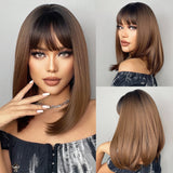 Dark Brown BoBo Synthetic Wig with Bangs Shoulder Length Straight Wig for Women Cosplay Daily Hair Wig Heat Resistant Fibr