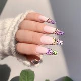 Xpoko 24Pcs Detachable Long Ballerina French False Nails With Design Leopard Wearable Fake Nails Wavy Line Flame Full Cover Nail Tips