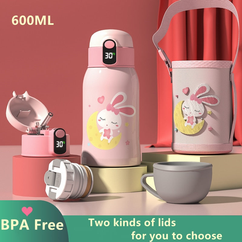 back to school 600ML 316 Stainless Steel Kids Vacuum Flask With Straw Double Lid Cute Thermos Cup Outdoor Portable Tumbler Kawaii Water Bottle