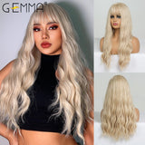 Long Water Wavy Synthetic Wigs with Bangs Ombre Dark Brown Cosplay Hair Wig for Women African Heat Resistant Fiber Wig