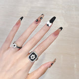 24pc Fake Nails Long Black Small Flower Wave Dot Butterfly Nail Stickers Manicure Patch Wearable Coffin False Nail With Glue