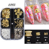 1Box Nail Parts Irregular Gold Silver Nail Stones Metal Chains Alloy Rhinestones Decorations Bowknot Sequins Manicure GLJUN01-05