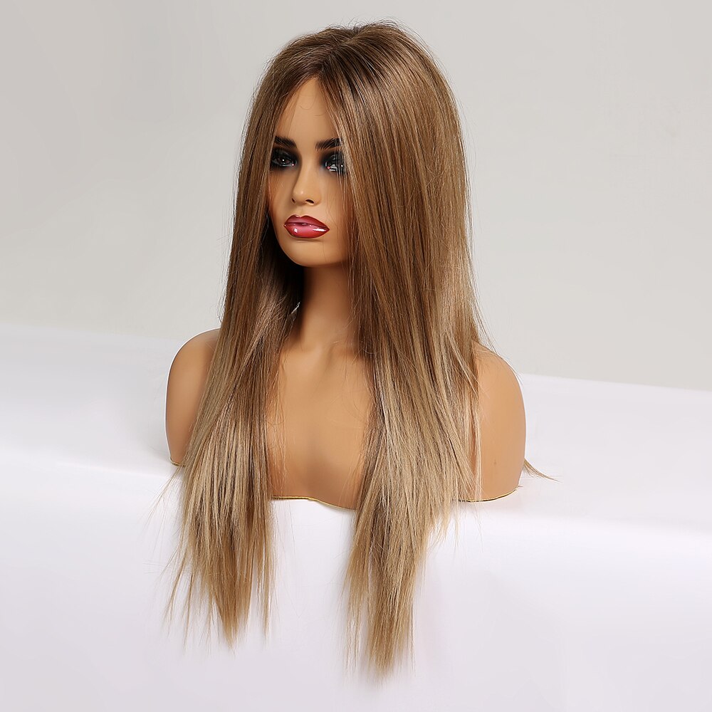 Long Silk Straight Synthetic Lace Part Wig For Black Women Middle Part Ombre Brown Golden Lace Wig High Temperature Fibre