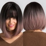 Synthetic Short Straight BOb Wigs with Bangs for Women Girls Natural Ombre Black Brown False Hair Heat Resistant Fiber