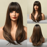 Long Straight Synthetic Hair Wigs for Black Women Natural Ombre Black Brown Cosplay Daily Heat Resistant Wig with Bangs