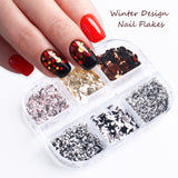 6Grids Black Nail Flakes Sequins Butterfly Hexagon Silk Line Winter Design Nail Art Decoration Paillette Manicure Tips GL1909-28