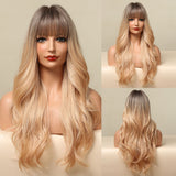 Long Wavy Ombre Blonde White Synthetic Wigs for Women Cosplay Daily Party Middle Part Hair Wigs High Temperature Fiber