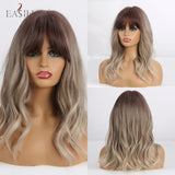 Xpoko EASIHAIR Shoulder Length Synthetic Wave Wig With Bang Dark Brown Wavy Curly Hair Wigs For Women Heat Resistant Daily Cosplay