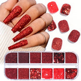 12Grids Sugar Nail Powder Red Sand Coating Shiny Dipping Glitter Powder Mixed Hexagon Sequins Design Manicure Flakes Dust GLRD05